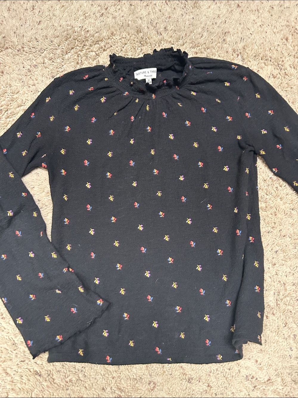 Madewell Black Long Sleeve Top with Floral Design, size XS